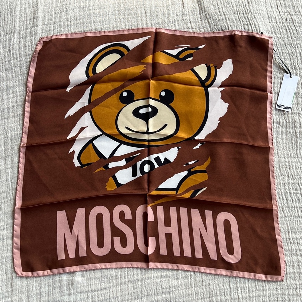 NEW Moschino 100% Silk Square Sartorial Teddy Bear Print Brown Logo Motif Scarf